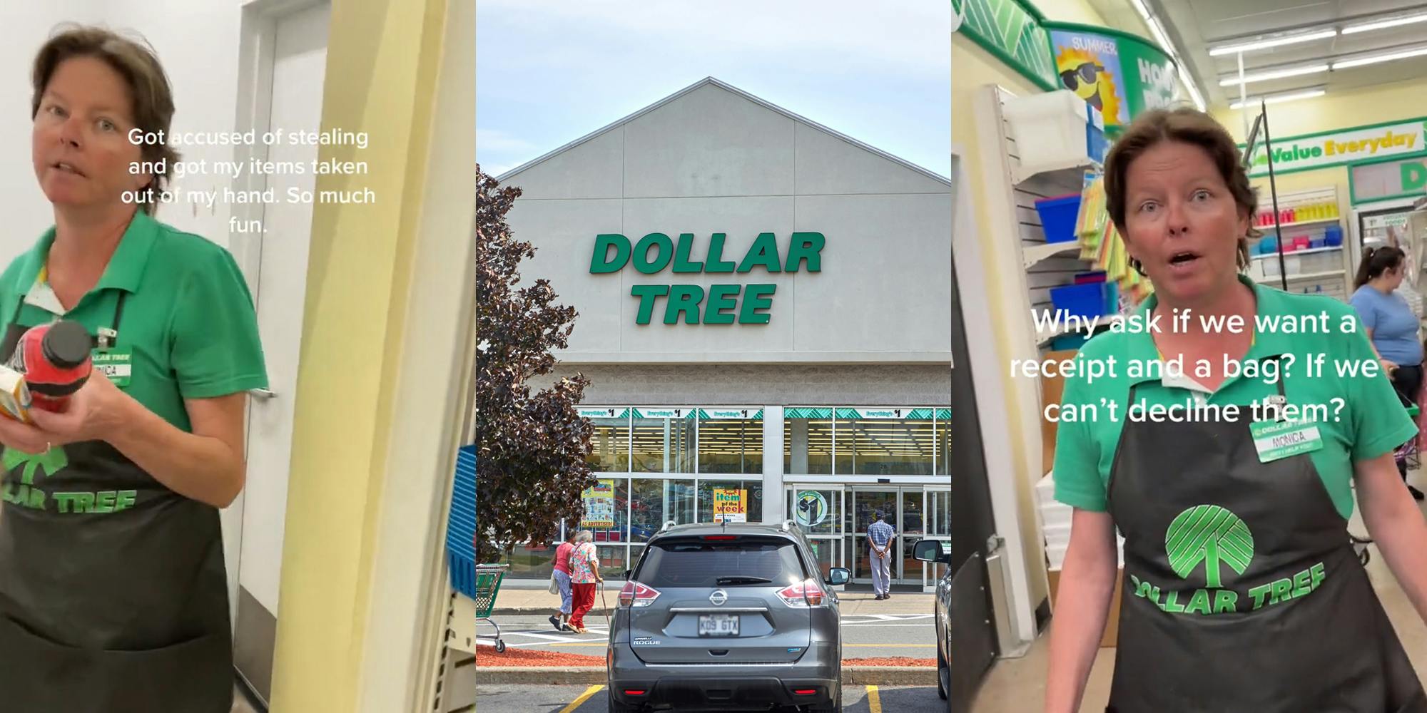 Dollar Tree worker with caption "Got accused of stealing and got my items taken out of my hand. So much fun." (l) Dollar Tree building with sign (c) Dollar Tree worker with caption "Why ask if we want a receipt and a bag? If we can't decline them" (r)