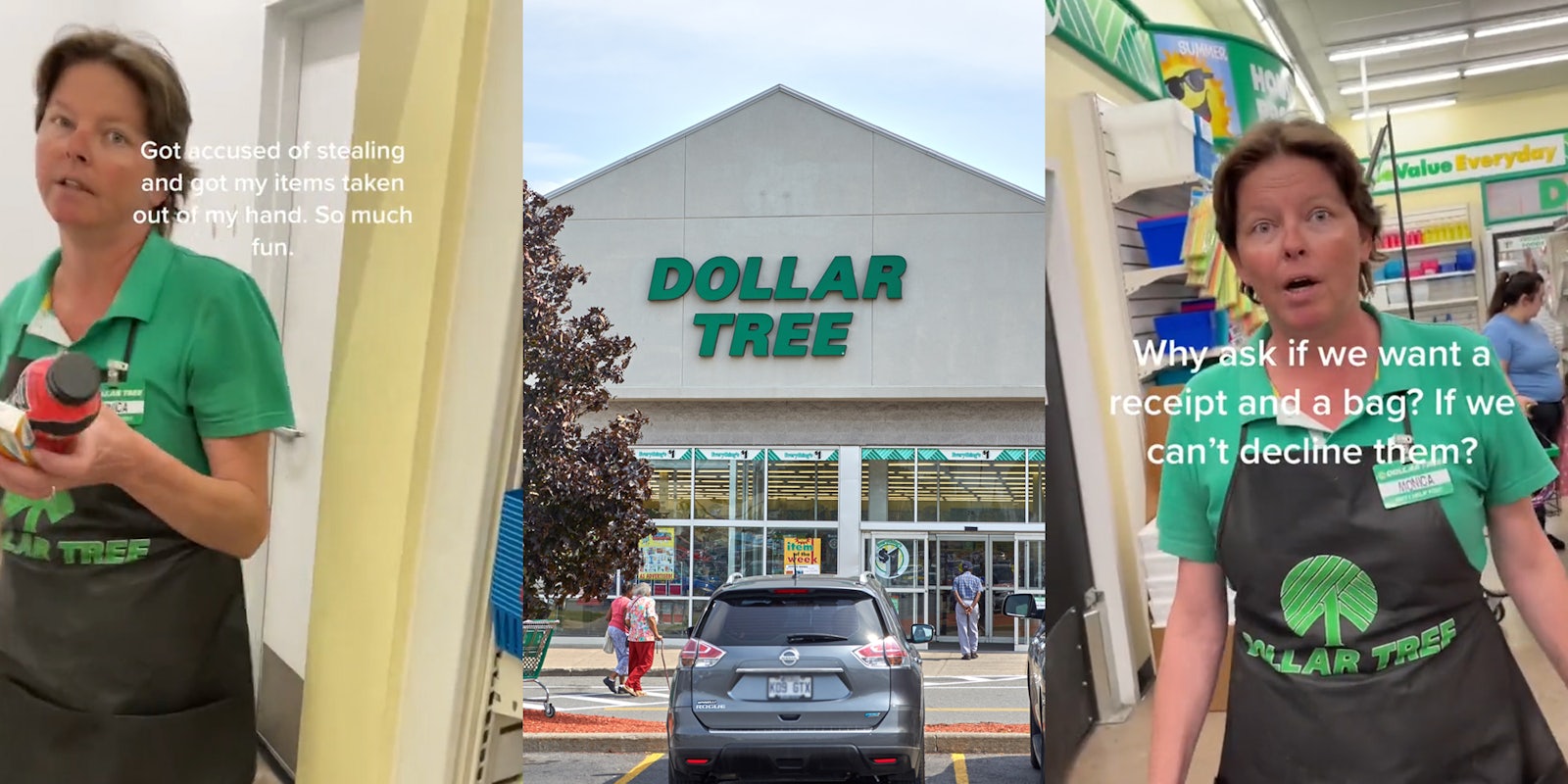 Dollar Tree worker with caption 'Got accused of stealing and got my items taken out of my hand. So much fun.' (l) Dollar Tree building with sign (c) Dollar Tree worker with caption 'Why ask if we want a receipt and a bag? If we can't decline them' (r)
