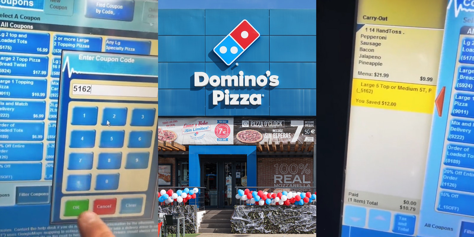 Domino's worker typing code into computer 5162 (l) Domino's pizza building with sign (c) Domino's computer screen showing $12 saved (r)