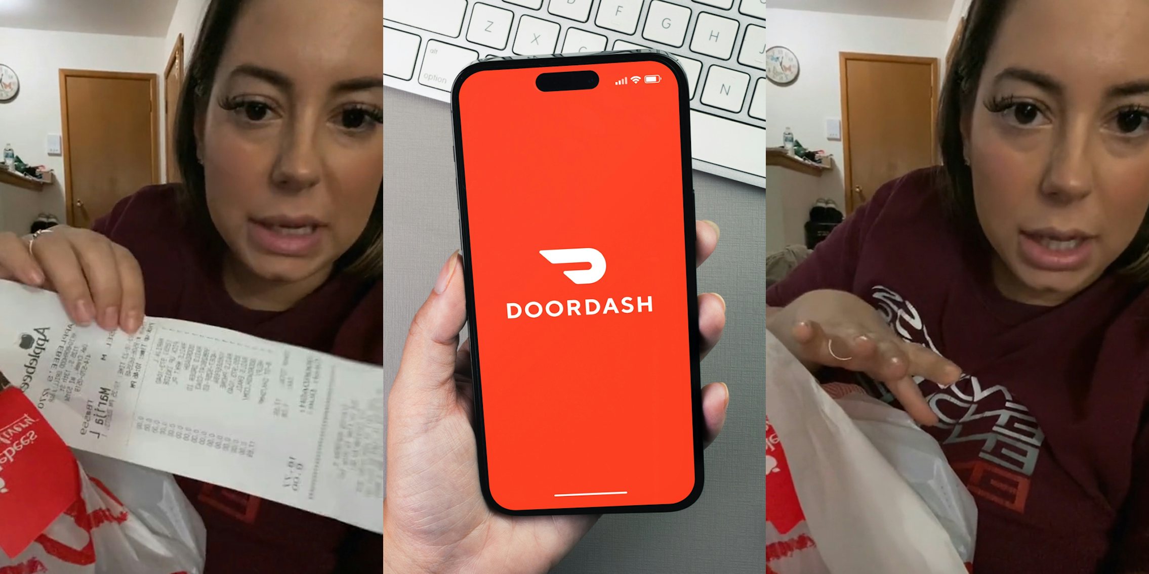 DoorDash customer holding up Applebee's receipt on DoorDash bag (l) hand holding phone with DoorDash on screen in front of keyboard (c) DoorDash customer speaking (r)