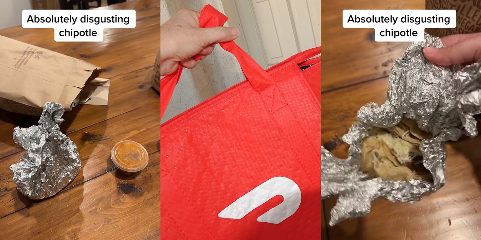 Chipotle DoorDash order food on table with caption 'Absolutely disgusting chipotle' (l) DoorDash branded bag in worker's hand in front of white door (c) Chipotle DoorDash order food on table with caption 'Absolutely disgusting chipotle' (r)