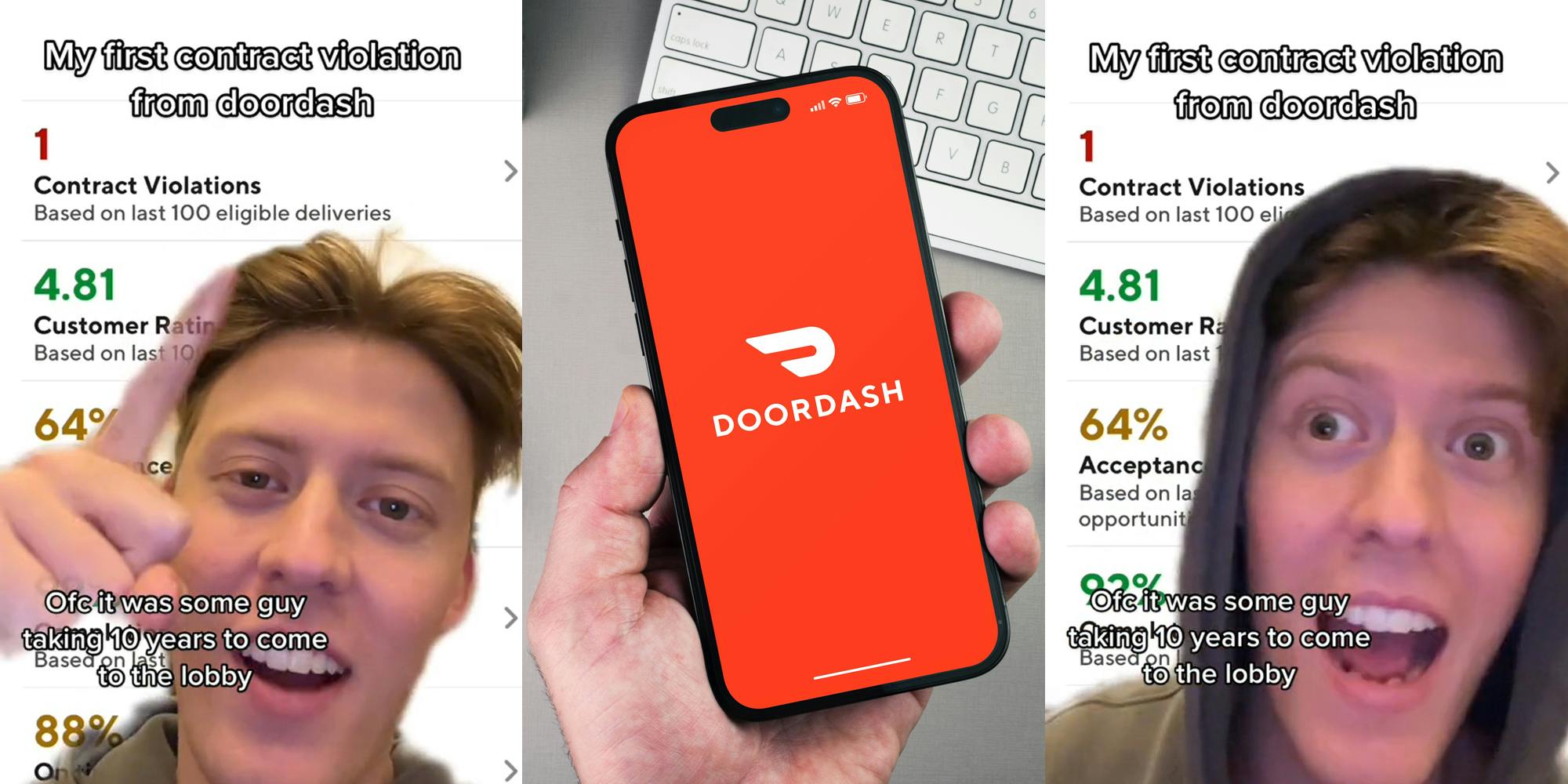 DoorDash employee greenscreen TikTok over violation with caption "Ofc it was some guy taking 10 years to come to the lobby" (l) DooraDash on phone screen in hand above grey desk with keyboard (c) DoorDash employee greenscreen TikTok over violation with caption "Ofc it was some guy taking 10 years to come to the lobby" (r)