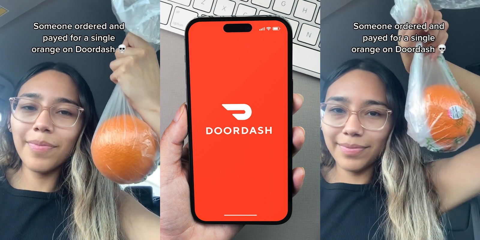 DoorDasher in car holding up orange in bag with caption 'Someone ordered and payed for a single orange on DoorDash' (l) DoorDash on phone screen in hand in front of white keyboard and grey background (c) DoorDasher in car holding up orange in bag with caption 'Someone ordered and payed for a single orange on DoorDash' (r)
