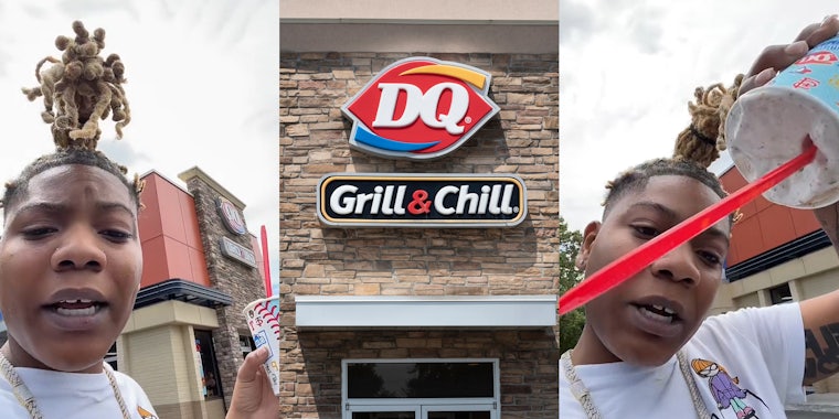 Dairy Queen customer holding Blizzard outside speaking (l) Dairy Queen sign on building entrance (c) Dairy Queen customer holding Blizzard outside speaking (r)