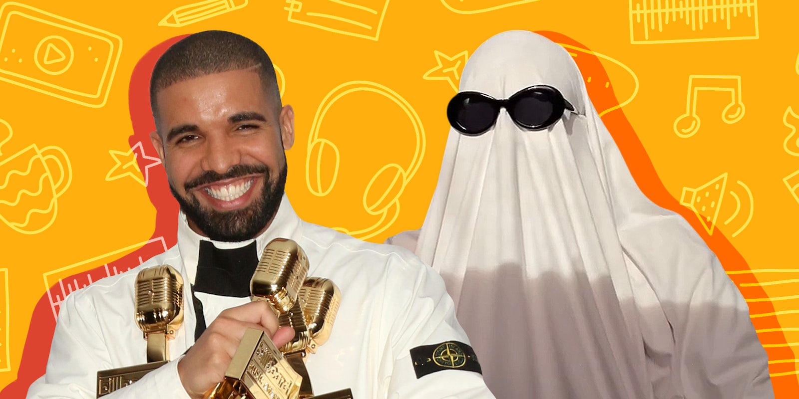 Drake and @Ghostwriter977 in front of yellow musical icon background Passionfruit Remix