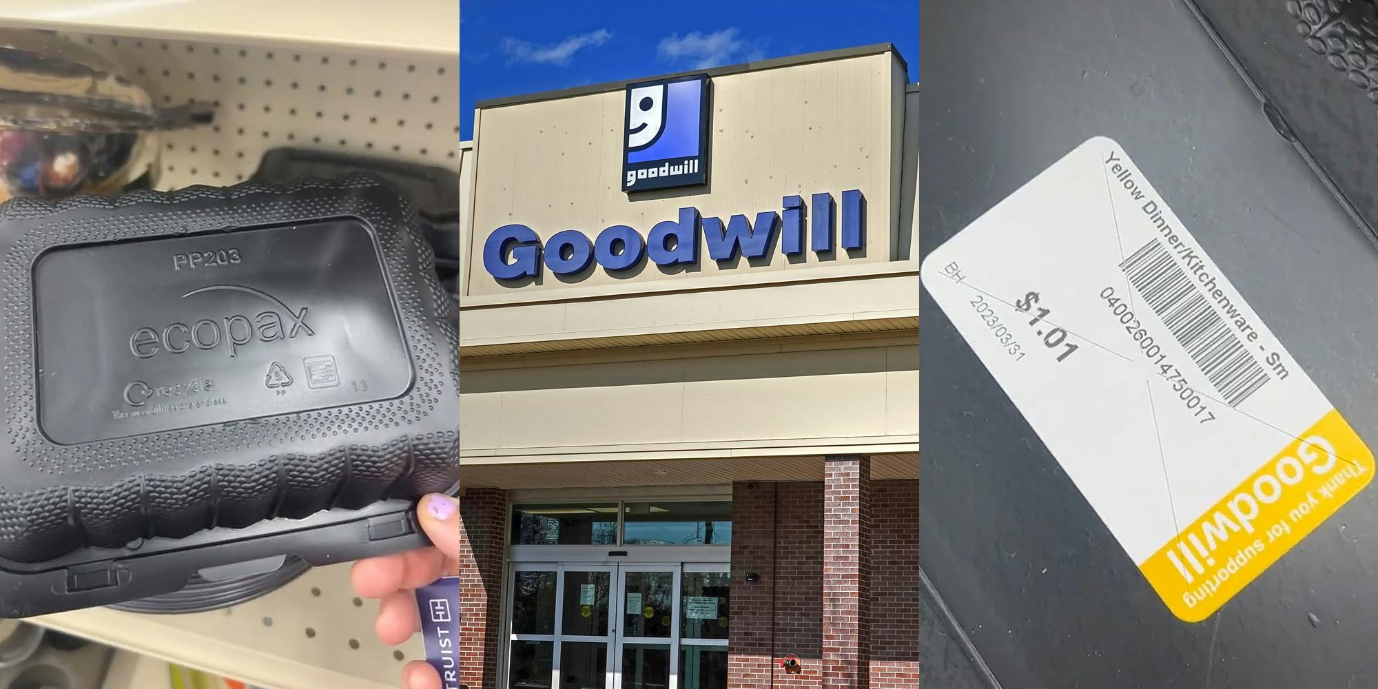 person holding to go container at Goodwill (l) Goodwill building with sign and blue sky (c) Goodwill price tag on the back of to go container (r)