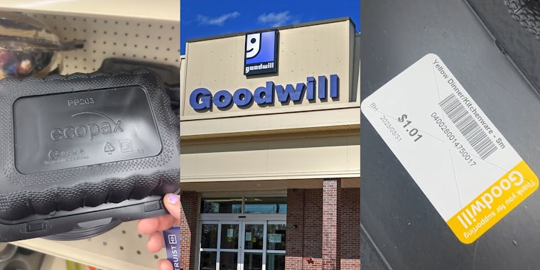 person holding to go container at Goodwill (l) Goodwill building with sign and blue sky (c) Goodwill price tag on the back of to go container (r)