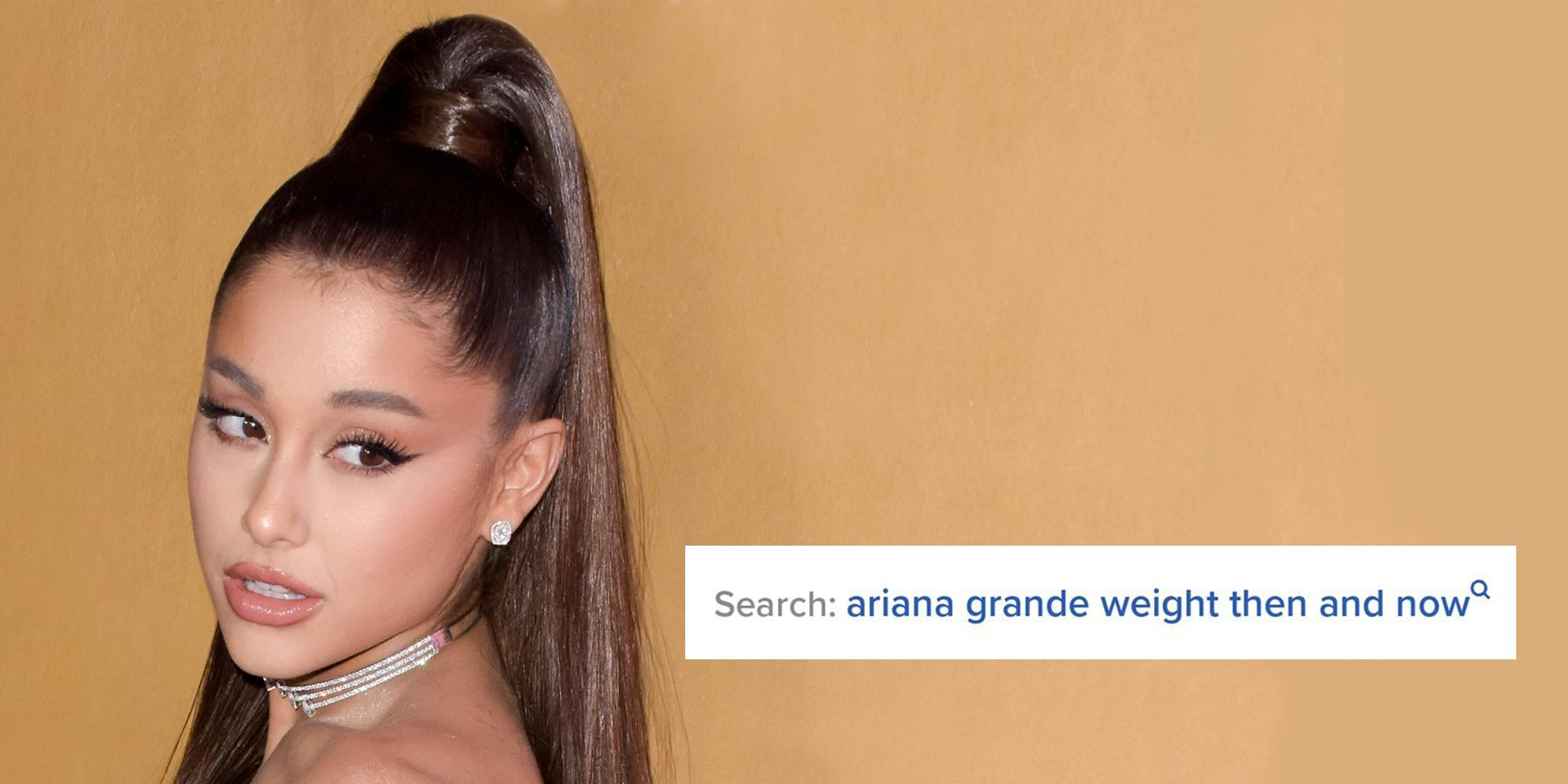 Ariana Grande in front of tan background with TikTok search to her right "ariana grande weight then and now"