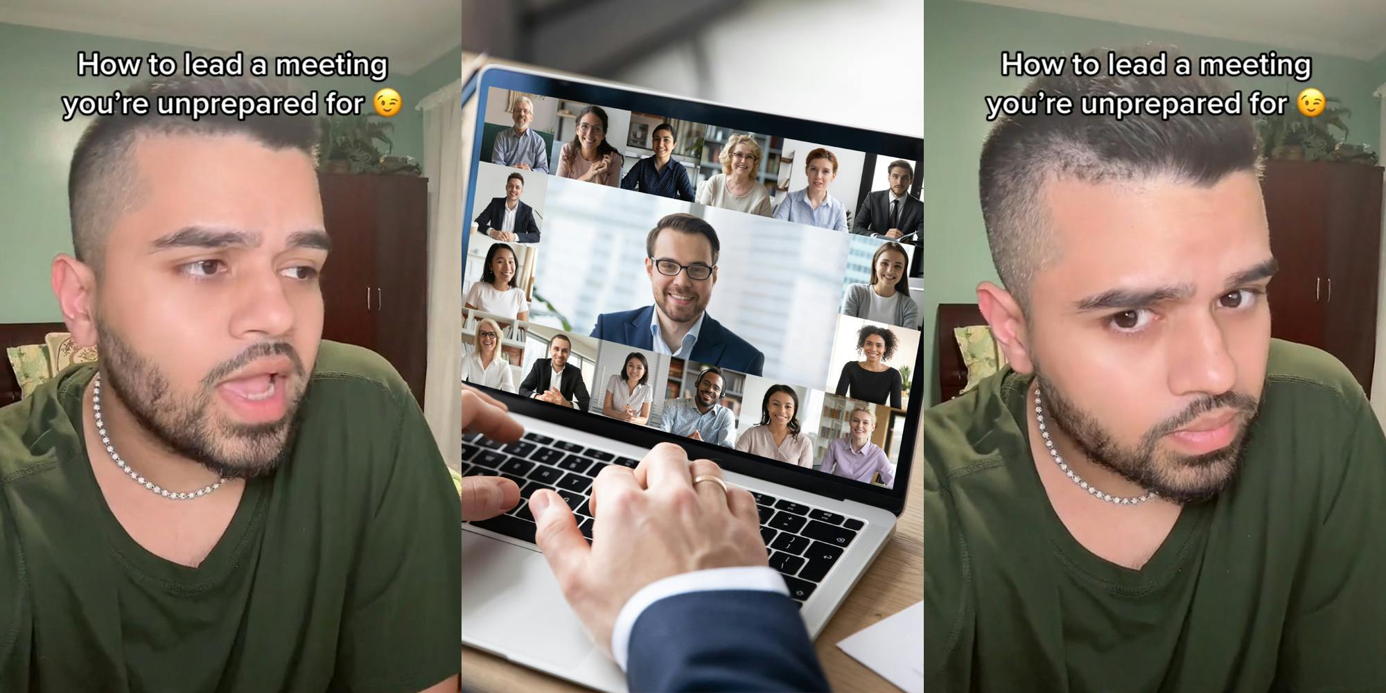 worker speaking with caption "How to lead a meeting you're unprepared for" (l) worker speaking for online work meeting (c) worker speaking with caption "How to lead a meeting you're unprepared for" (r)