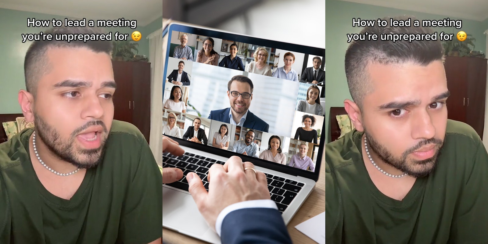 worker speaking with caption 'How to lead a meeting you're unprepared for' (l) worker speaking for online work meeting (c) worker speaking with caption 'How to lead a meeting you're unprepared for' (r)