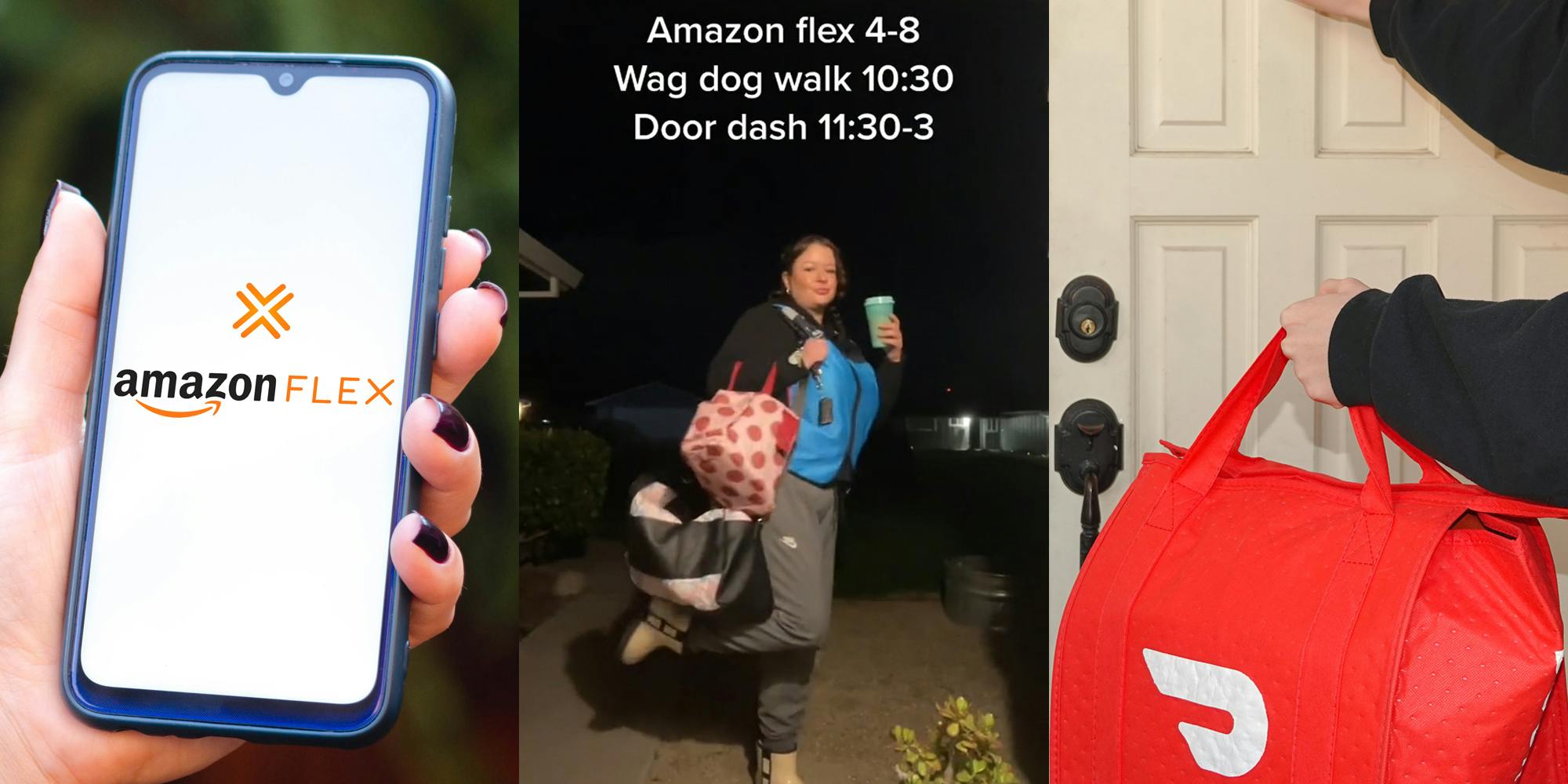 hand holding phone with Amazon Flex on screen outside (l) independent contractor outside with caption "Amazon flex 4-8 Wag dog walk 10:30 Door dash 11:30-3" (c) DoorDash driver knocking on door holding branded bag (r)