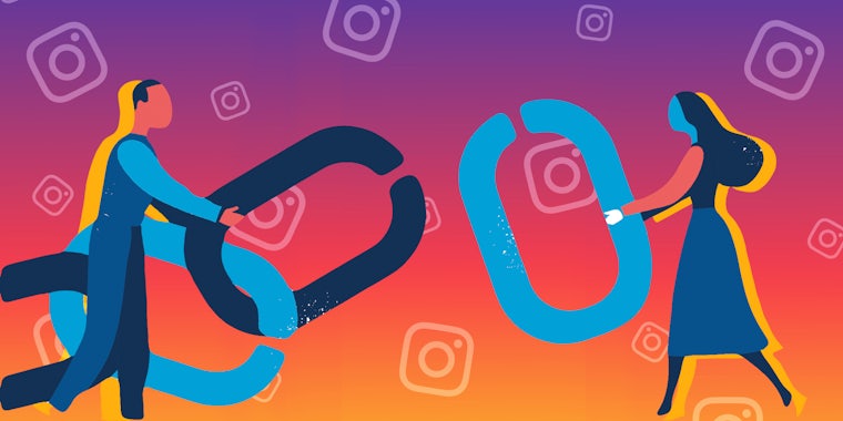 A man and a woman hold a chain with the missing link in front of Instagram gradient and icon background Passionfruit Remix