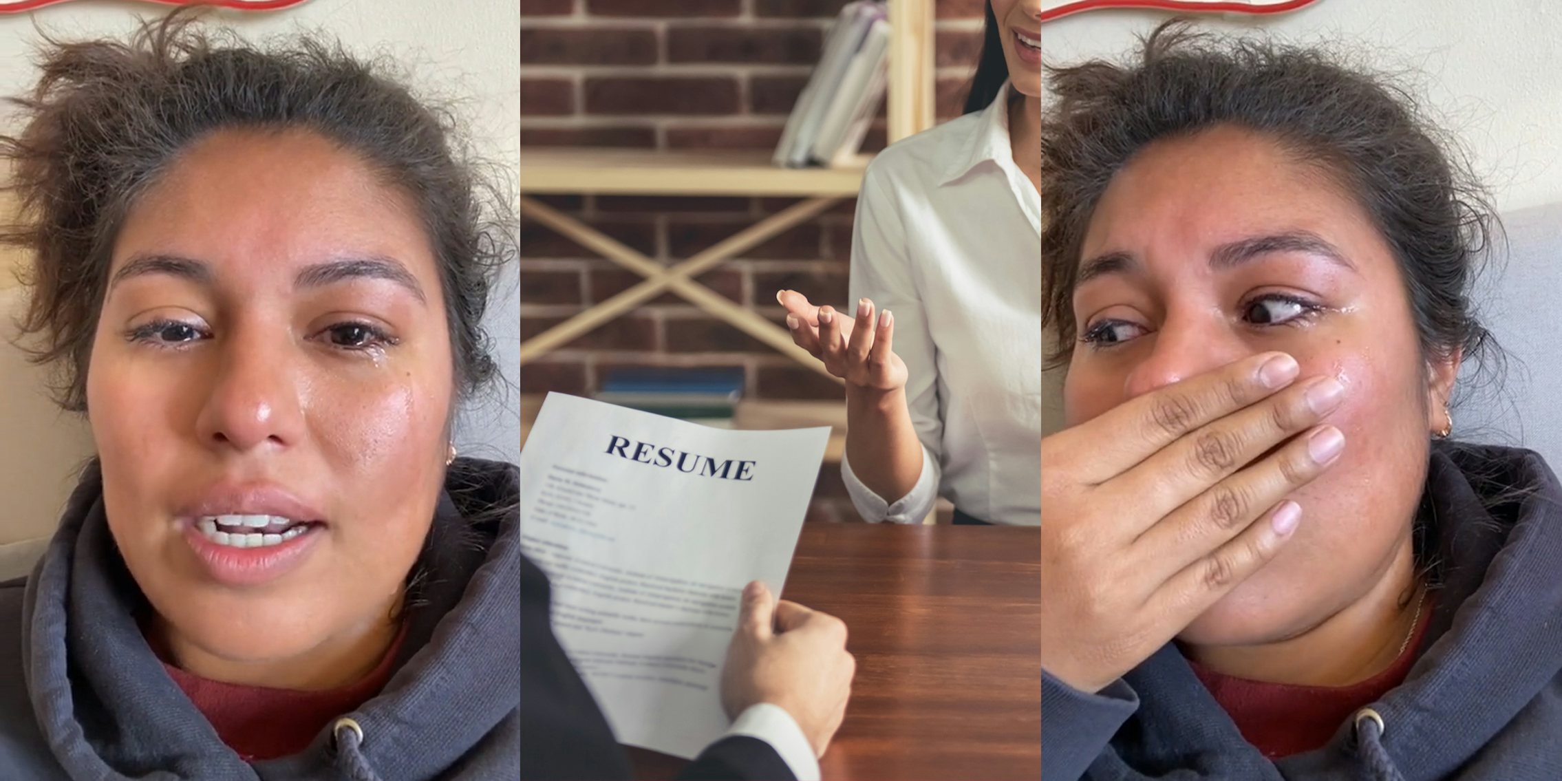 job hunter crying speaking (l) person at interview with hand out frustrated at interviewer holding resume across desk (c) job hunter crying with hand on mouth (r)