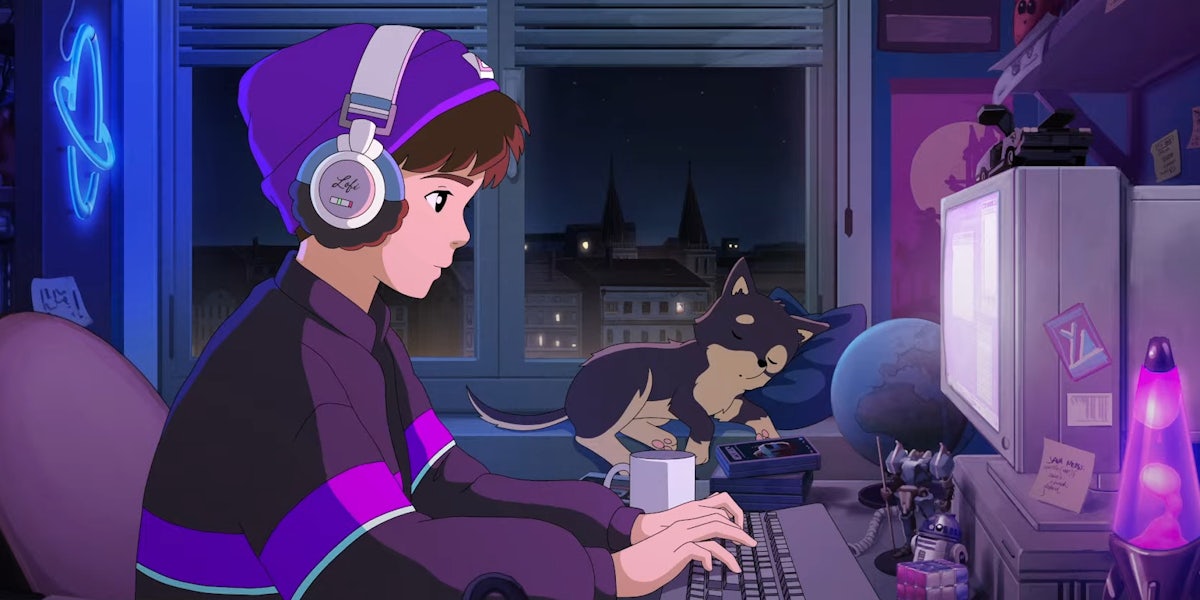 Lofi Boy new character sitting at desk typing on keyboard with dog