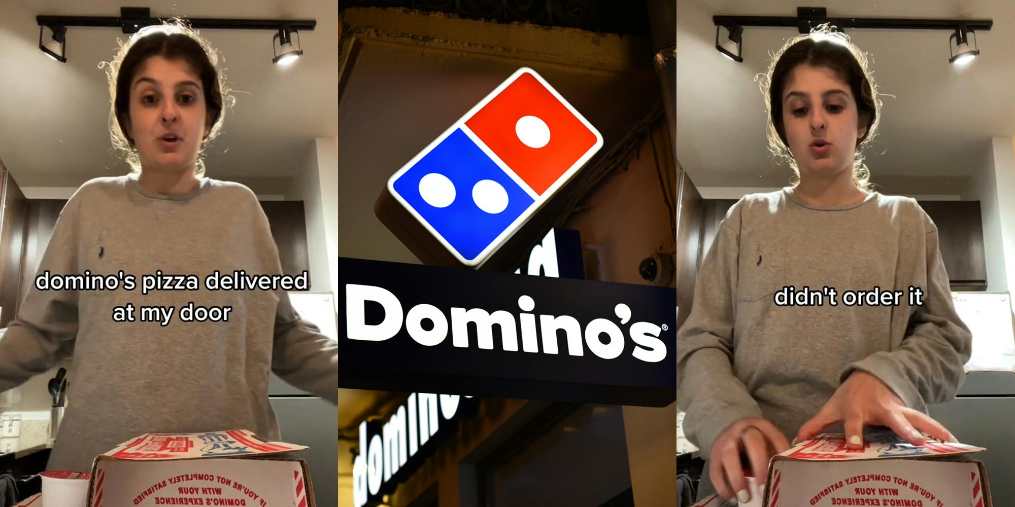 Domino's customer speaking with food with caption "domino's pizza delivered at my door" (l) Domino's Pizza sign hanging (c) Domino's customer speaking with food with caption "didn't order it" (r)