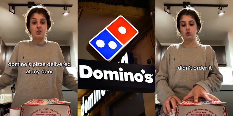 Domino's customer speaking with food with caption 'domino's pizza delivered at my door' (l) Domino's Pizza sign hanging (c) Domino's customer speaking with food with caption 'didn't order it' (r)