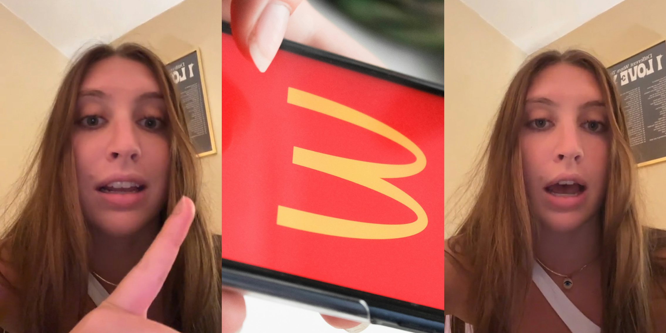 McDonald's customer speaking in front of tan wall (l) McDonald's app on phone screen in hand (c) McDonald's customer speaking in front of tan wall (r)