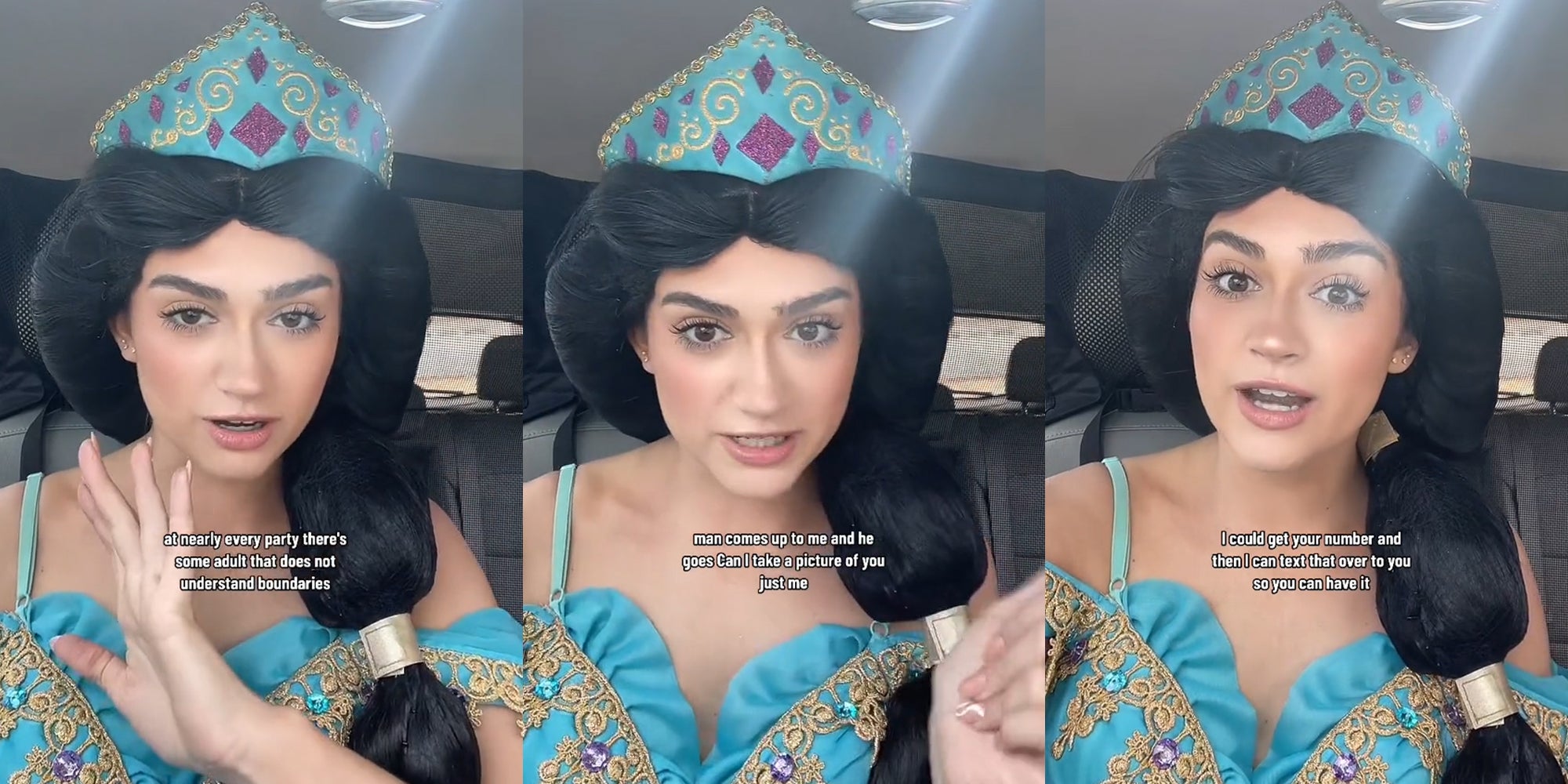 princess party worker speaking in car with caption 