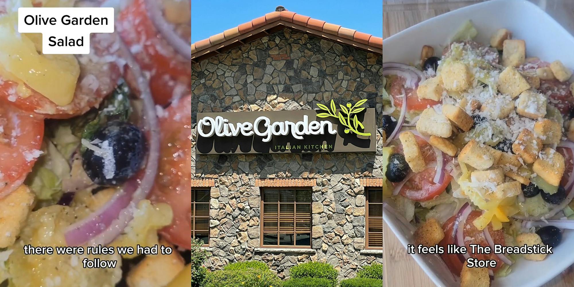 salad with caption "Olive Garden Salad there were rules we had to follow" (l) Olive Garden building with sign (c) salad with caption "it feels like The Breadstick Store" (r)