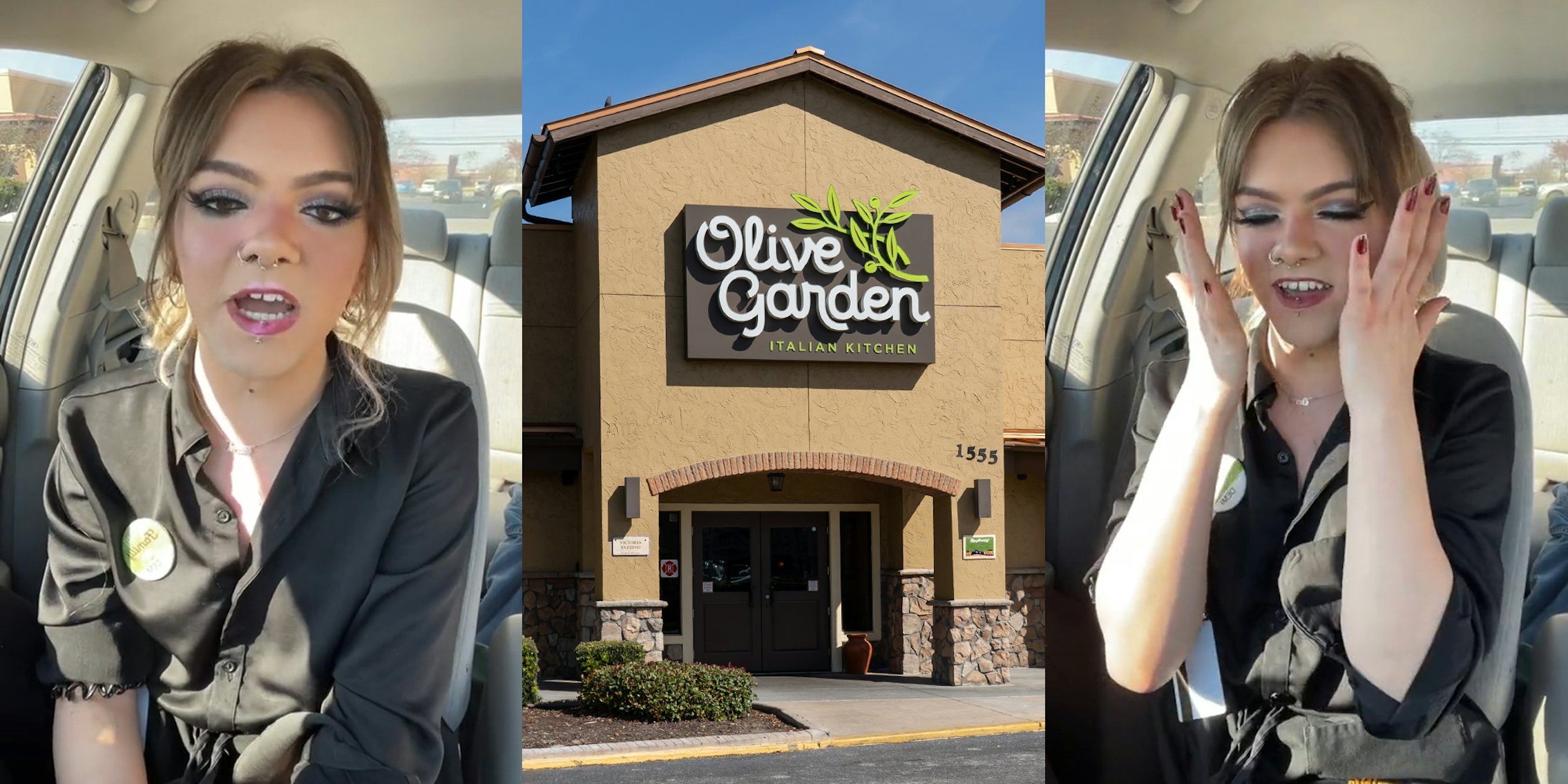 Olive Garden employee speaking in car (l) Olive Garden building with sign and blue sky (c) Olive Garden worker speaking in car (r)