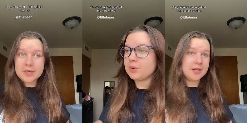 server speaking with caption "so if you want a kids grilled cheese" (l) server speaking as customer with caption "we are only ordering out the kids menu" (c) server speaking with caption "it's gonna be half a grilled cheese and a side" (r)