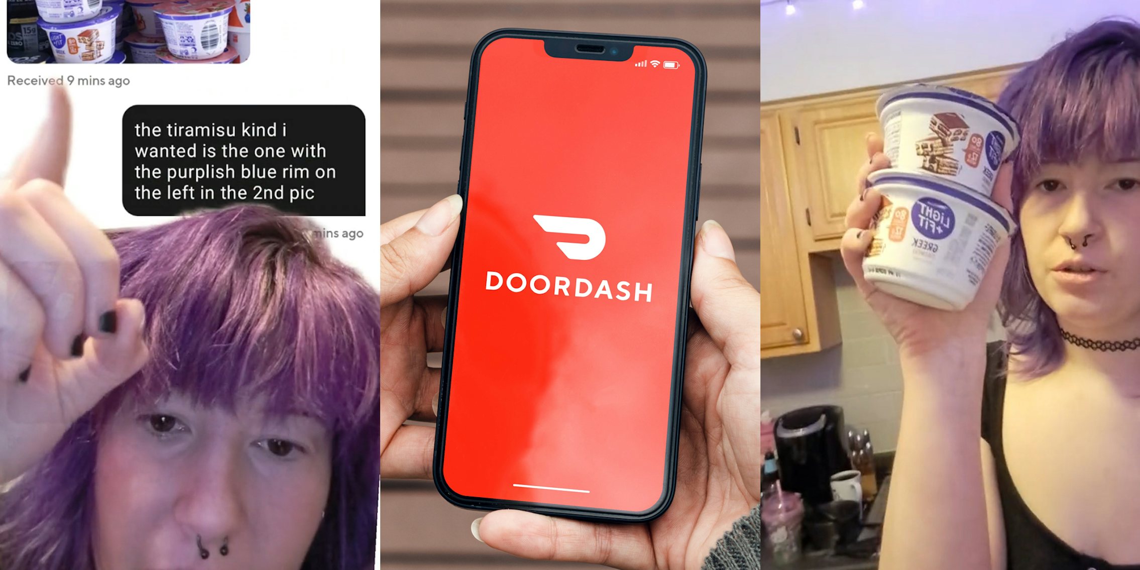 DoorDash customer greenscreen TikTok over chat with image of yogurt and message 'the tiramisu kind i wanted is the one with the purplish blue rim on the left in the 2nd pic' (l) DoorDash on phone screen in hands in front of wooden background (c) DoorDash customer speaking holding yogurt (r)