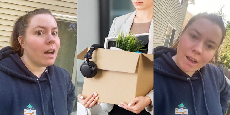 worker speaking outside in front of glass door (l) office worker holding box of items, fired concept (c) worker speaking outside house (r)