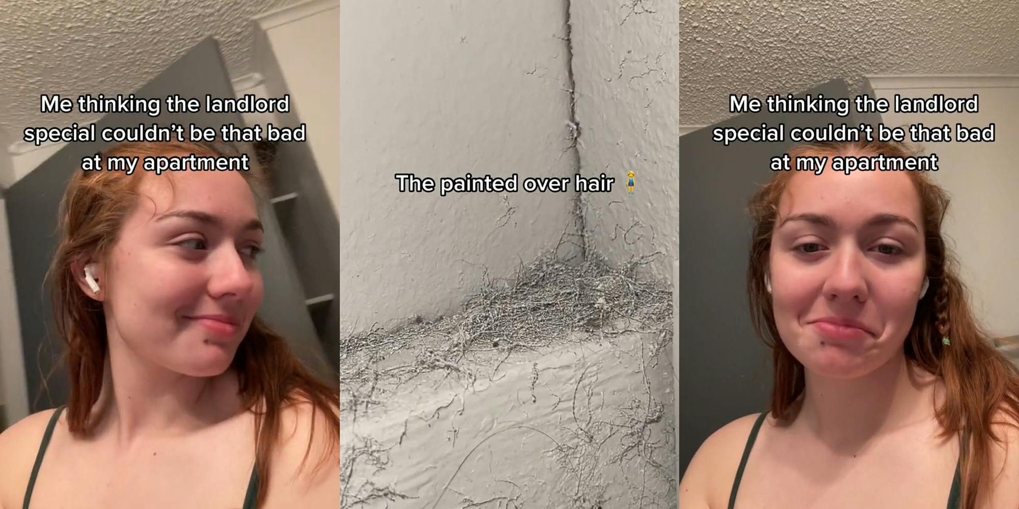 tenant in apartment looking right with caption "Me thinking the landlord special couldn't be that bad at my apartment" (l) hair with paint in corner or walls with caption "The painted over hair" (c) tenant in apartment with caption "Me thinking the landlord special couldn't be that bad at my apartment" (r)