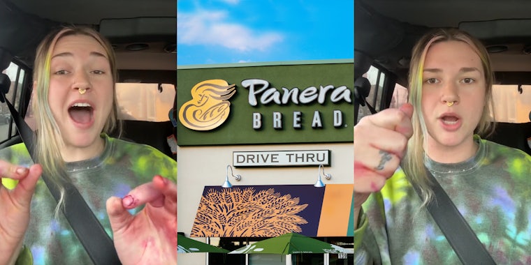 Panera customer speaking in car (l) Panera building with sign and blue sky (c) Panera customer speaking in car (r)
