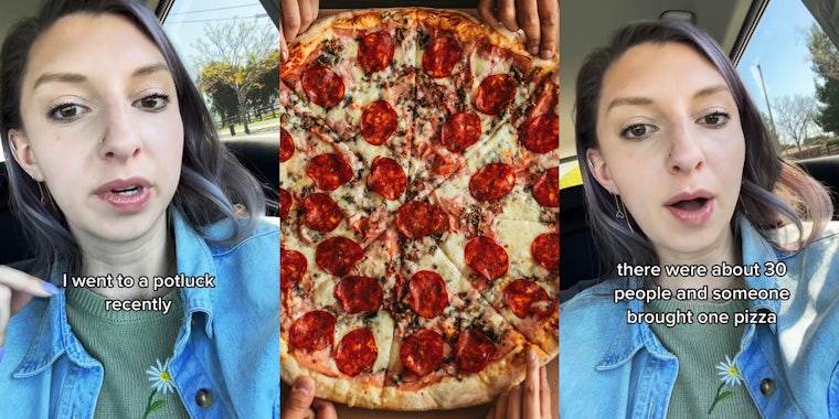 person speaking in car with caption 'I went to a potluck recently' (l) 8 slice pizza with hands taking slices (c) person speaking in car with caption 'there were 30 people and someone brought one pizza' (r)