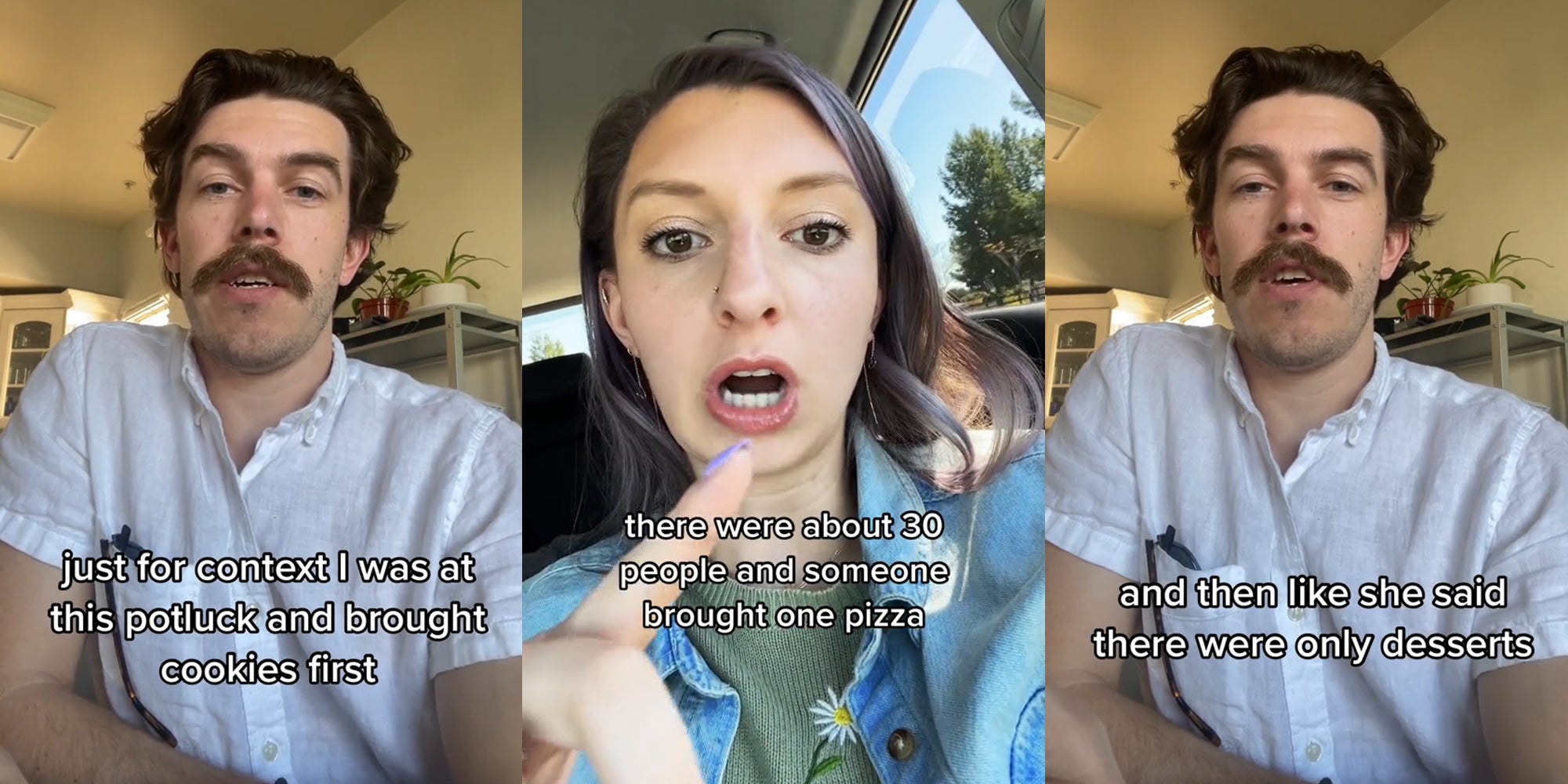 potluck guest speaking with caption 'just for context I was at this potluck and brought cookies first' (l) potluck guest speaking in car with caption 'there were 30 people and someone brought one pizza' (c) potluck guest speaking with caption 'and then like she said there were only desserts' (r)
