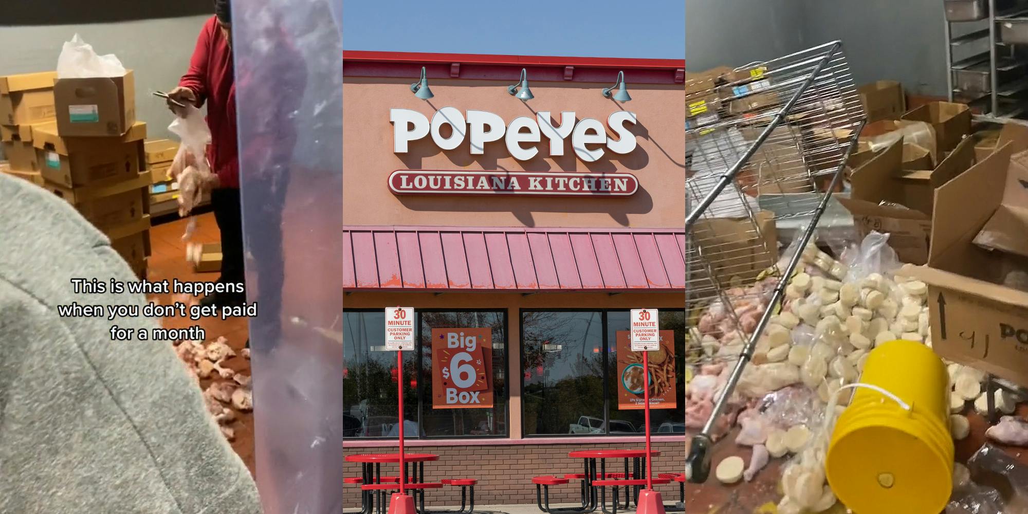 Popeyes worker trashing restaurant with caption "This is what happens when you don't get paid for a month" (l) Popeyes restaurant with sign (c) Popeyes interior trashed with shelves tipped over, buns on the ground, and boxes thrown everywhere (r)