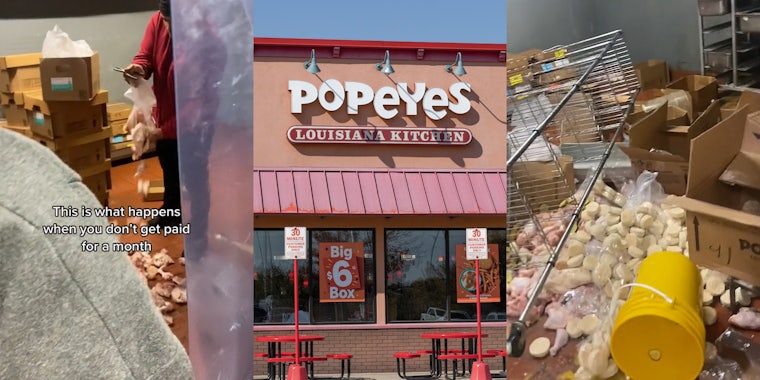 Popeyes worker trashing restaurant with caption 'This is what happens when you don't get paid for a month' (l) Popeyes restaurant with sign (c) Popeyes interior trashed with shelves tipped over, buns on the ground, and boxes thrown everywhere (r)
