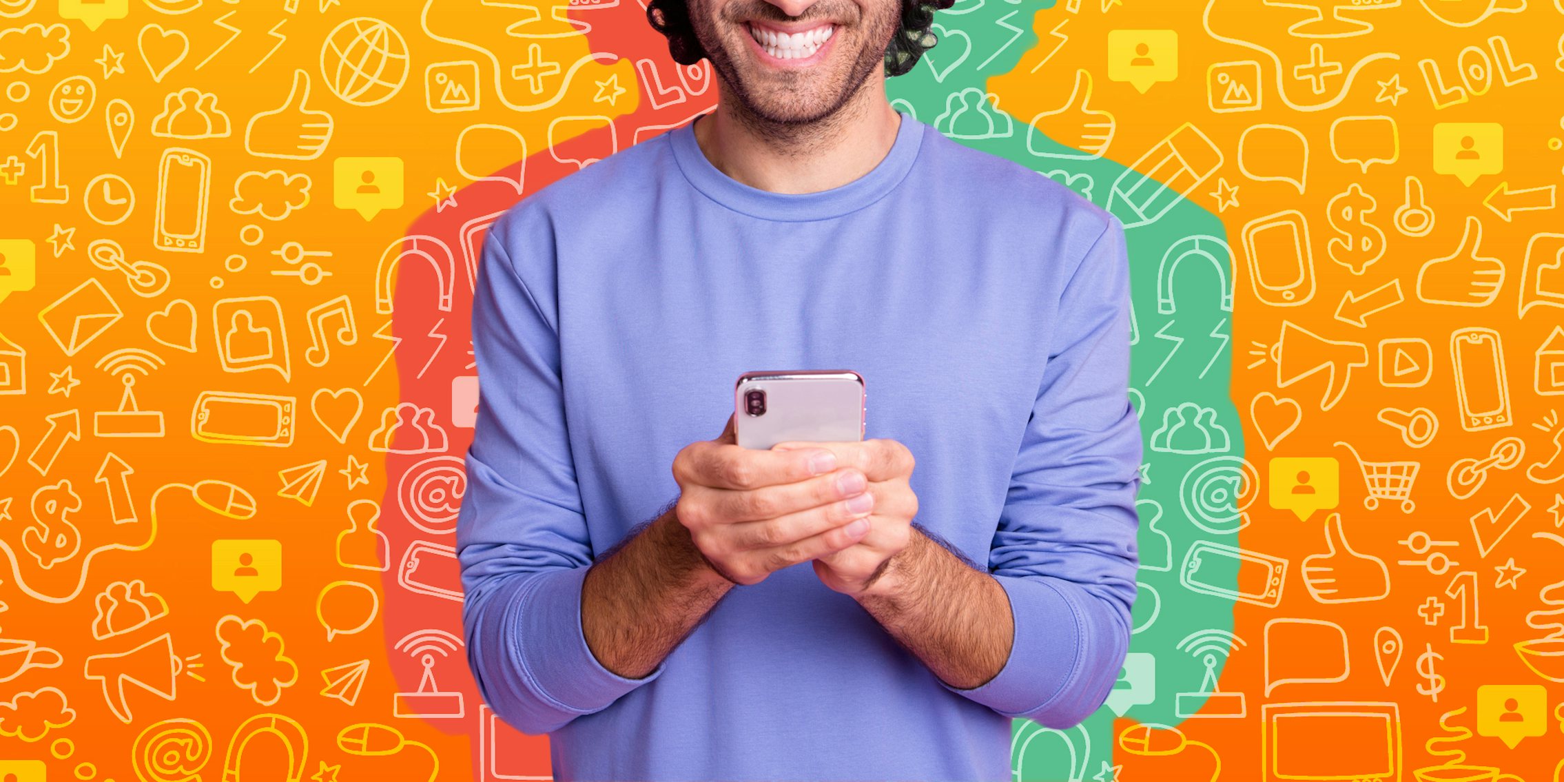 smiling man holding phone in front of yellow to orange vertical gradient social media doodles background Passionfruit Remix