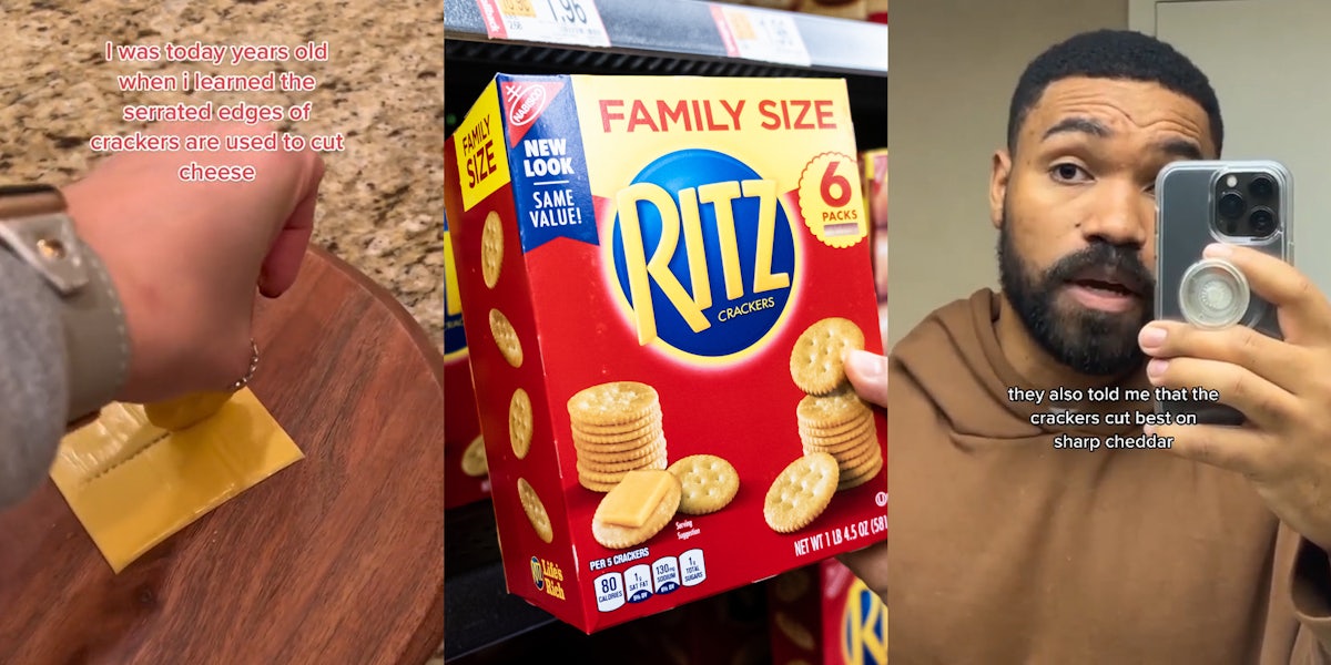 person using Ritz cracker to cut cheese with caption 'I was today years old when I learned the serrated edges of crackers are used to cut cheese' (l) Ritz crackers in store in hand (c) person speaking in bathroom mirror with caption 'they also told me that the crackers cut best on sharp cheddar' (r)