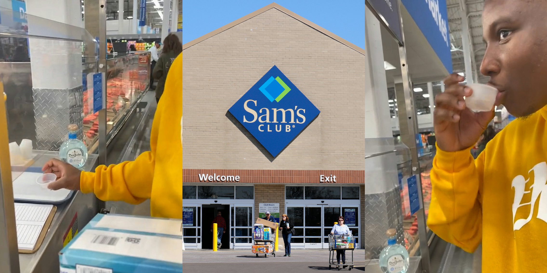 Sam's Club customer holding free shot (l) Sam's Club building with sign (c) Sam's Club customer taking shot (r)