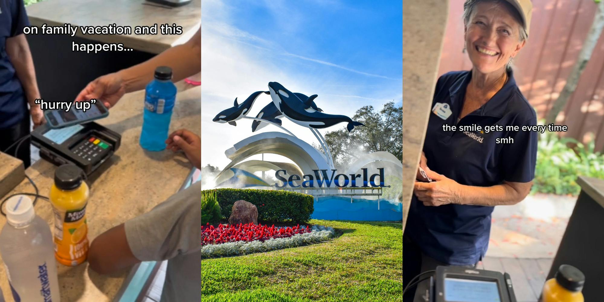 SeaWorld customers checking out with worker with caption "on family vacation and this happens... "hurry up"" (l) SeaWorld sign outside with blue sky (c) SeaWorld employee smiling with caption "the smile gets me every time smh" (r)