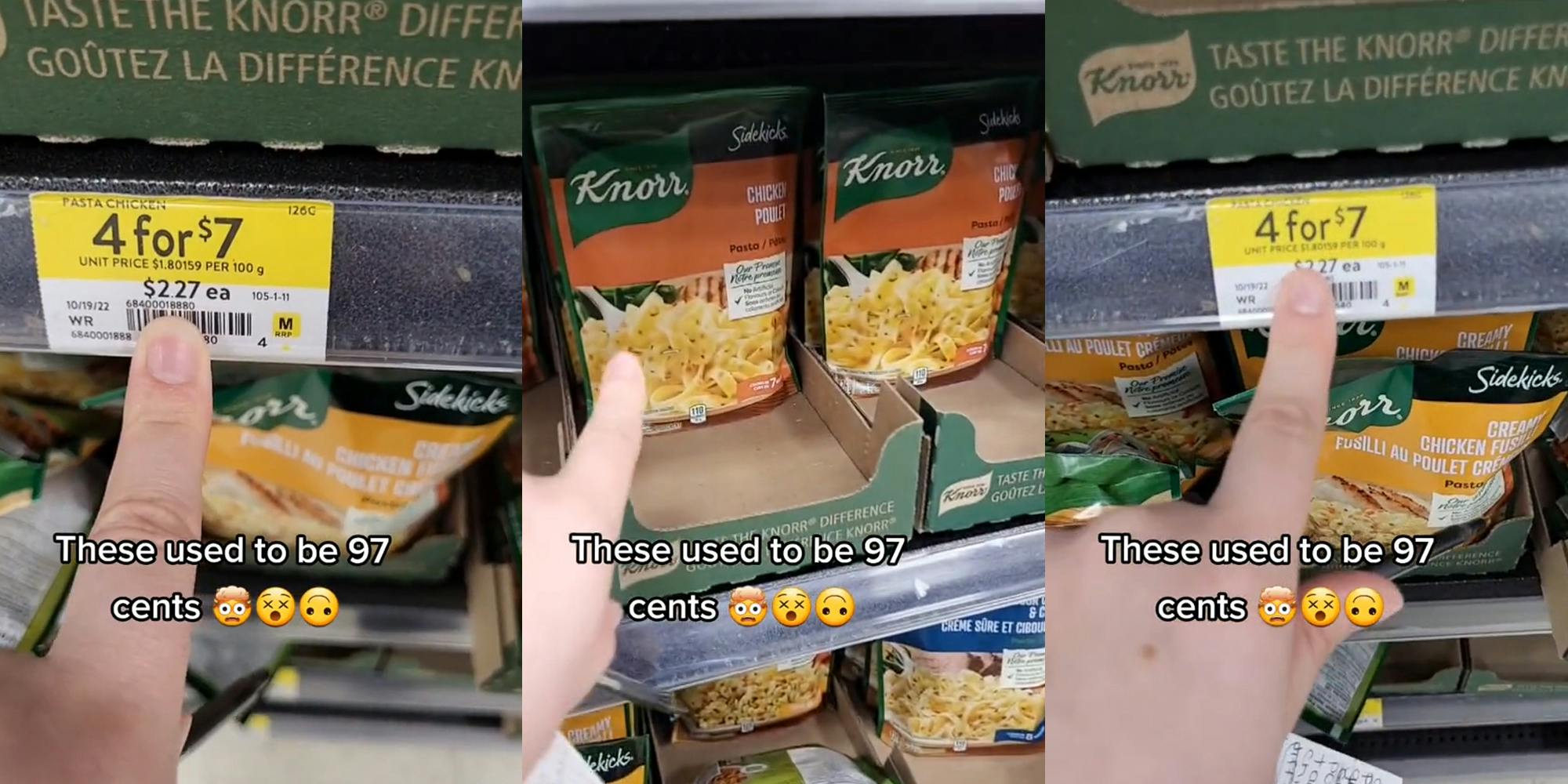 Knorr Sidekicks in store with price tag and caption "These used to be 97 cents" (l) Knorr Sidekicks in store with caption "These used to be 97 cents" (c) Knorr Sidekicks in store with price tag and caption "These used to be 97 cents" (r)