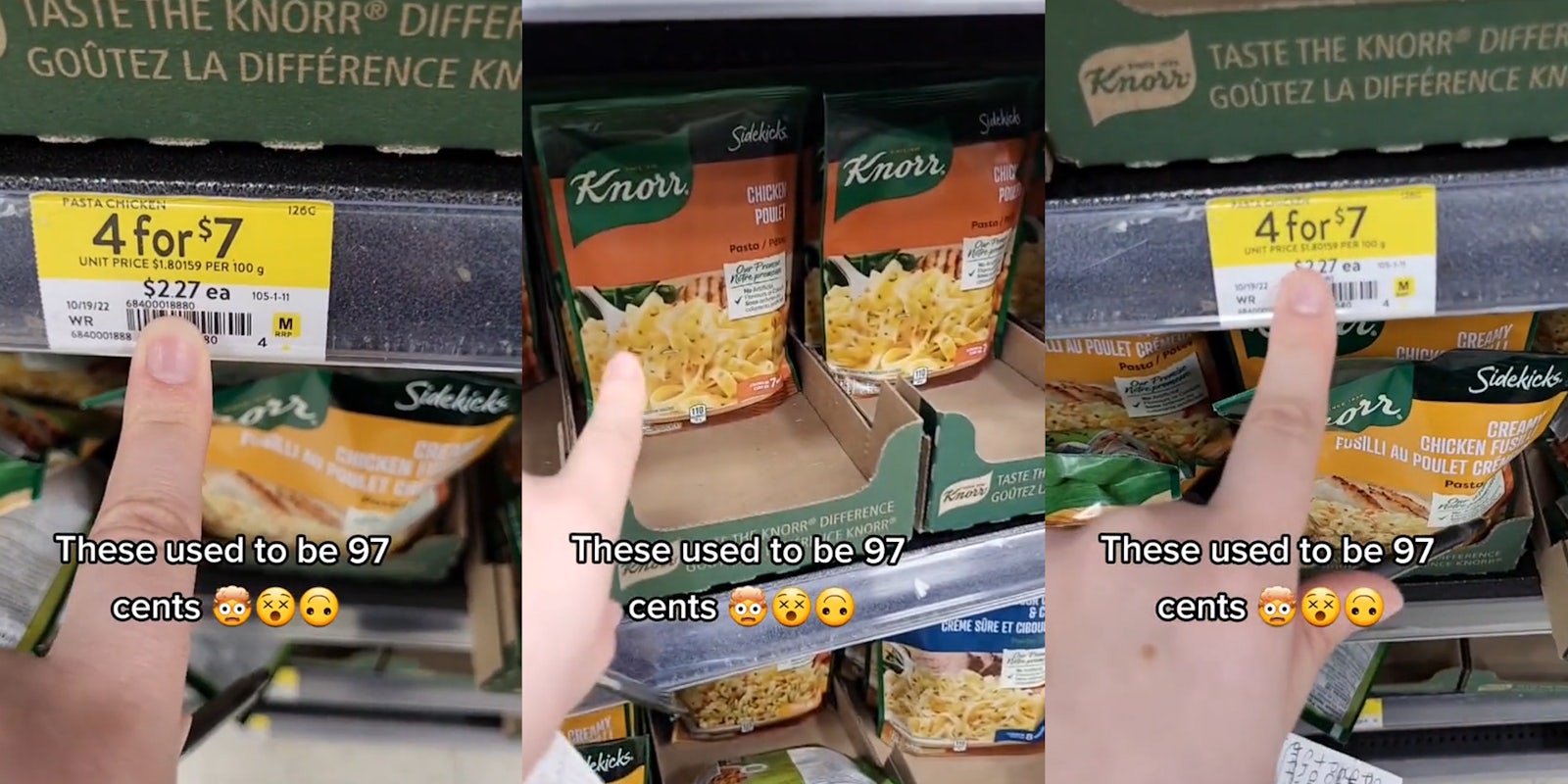 Knorr Sidekicks in store with price tag and caption 'These used to be 97 cents' (l) Knorr Sidekicks in store with caption 'These used to be 97 cents' (c) Knorr Sidekicks in store with price tag and caption 'These used to be 97 cents' (r)