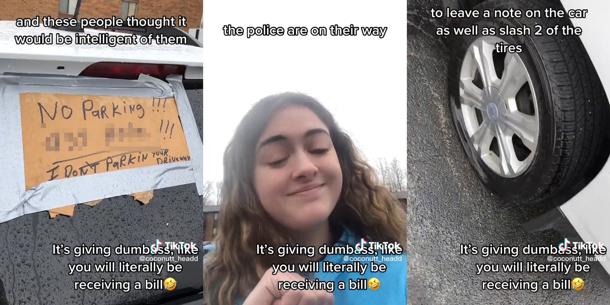 Screenshots from a TikTok showing a woman and a car tire. 