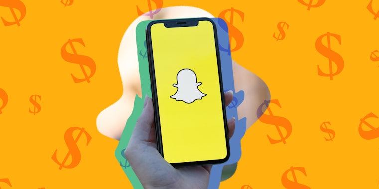 hand holding phone with Snapchat on screen in front of yellow and orange money symbol background Passionfruit Remix