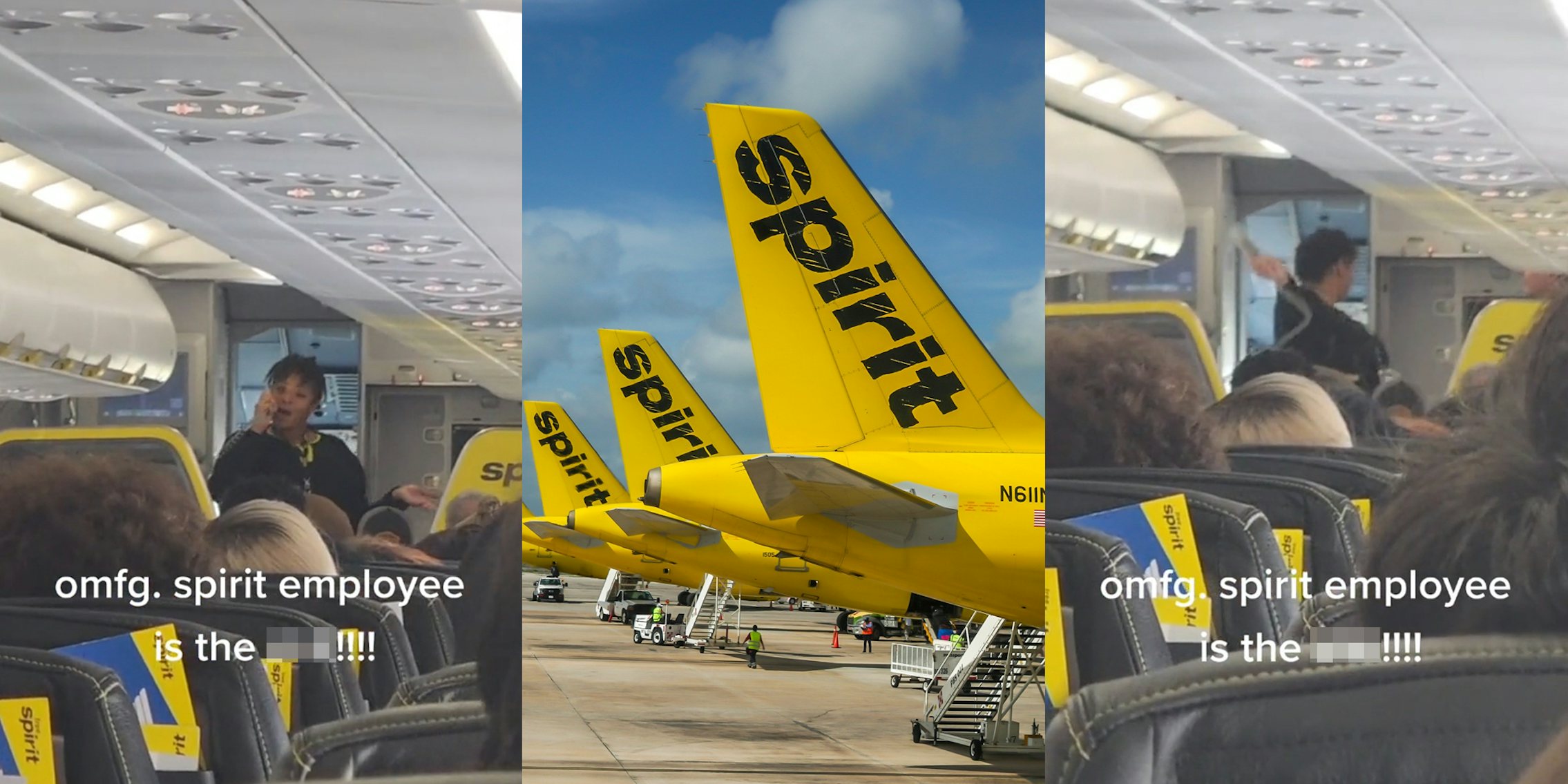 Spirit Airlines employee speaking with caption 'omfg. spirit employee is the blank!!!!' (l) Spirit Airlines planes with logos and blue sky (c) Spirit Airlines employee speaking with caption 'omfg. spirit employee is the blank!!!!' (r)