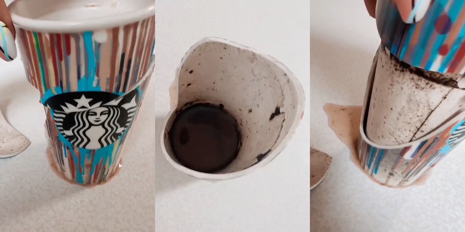 Starbucks ceramic cup on counter broken (l) Starbucks ceramic cup on counter broken to reveal grime (c) Starbucks ceramic cup on counter broken (r)