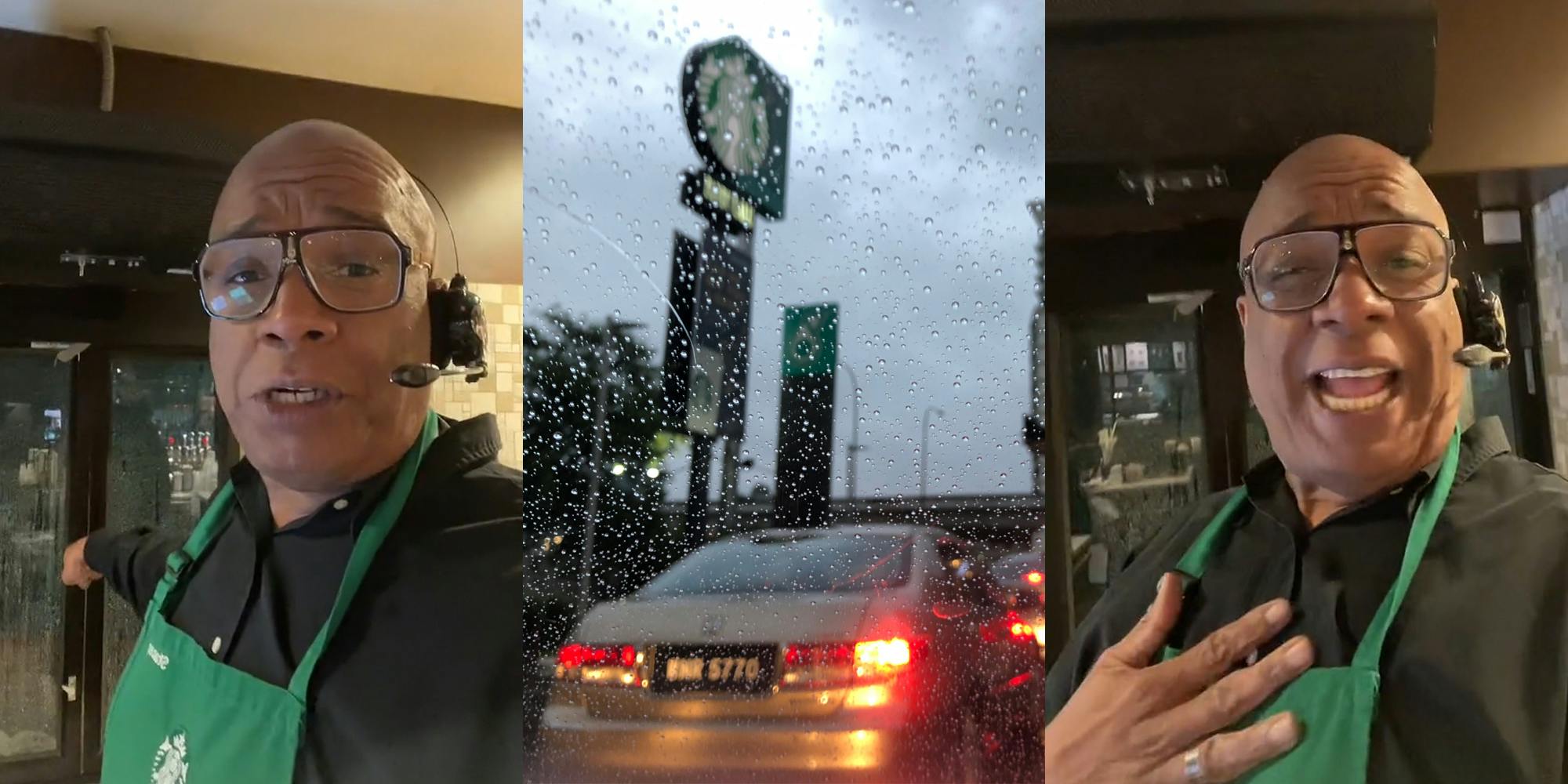 Starbucks employee speaking pointing to drive thru window (l) Starbucks drive thru during rain storm seen through windshield of car (c) Starbucks employee speaking next to drive thru window with hand on chest (r)
