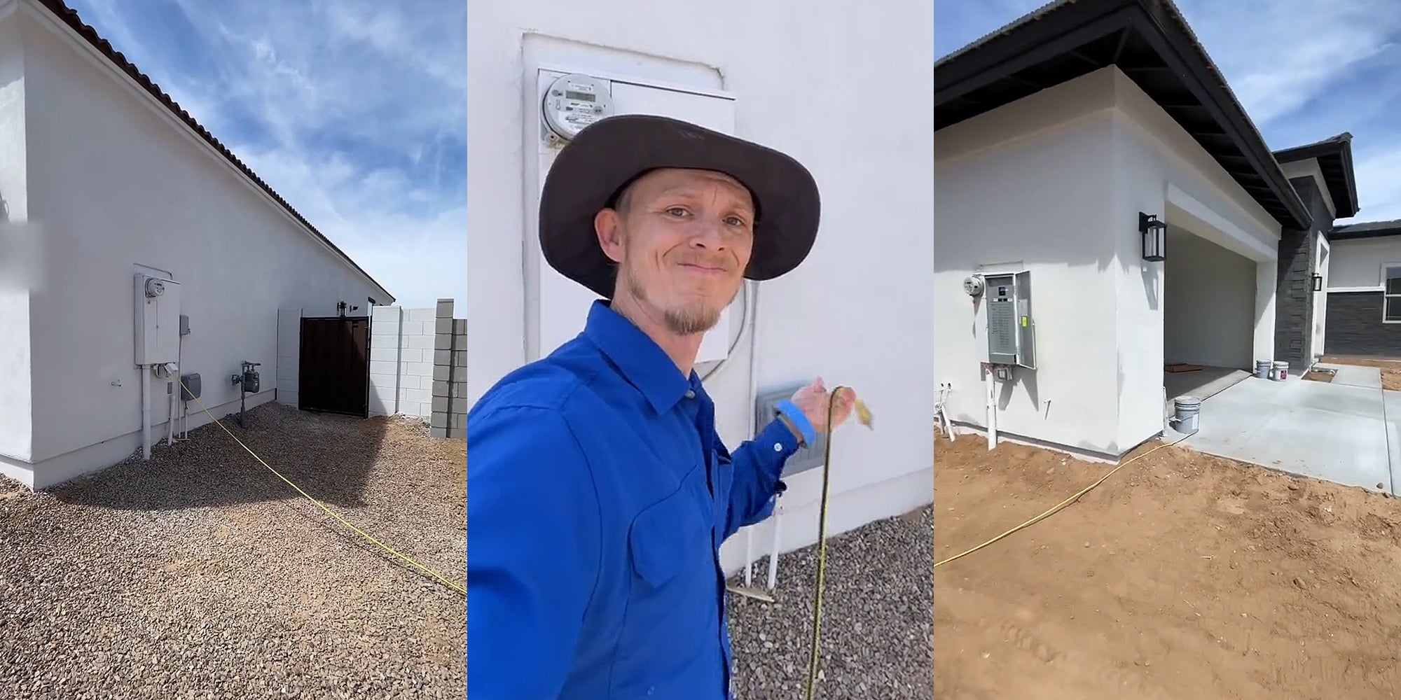 cord plugged into outdoor outlet on house (l) person unplugging cord connecting houses electricity (c) house with cord leading inside (r)