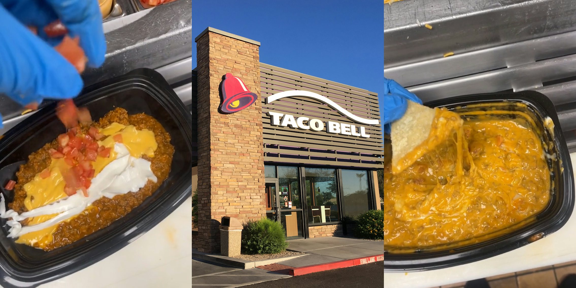Taco Bell worker adding diced tomatoes to bowl (l) Taco Bell building with sign (c) Taco Bell worker dipping chip in cheesy bowl (r)