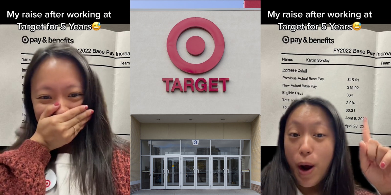 Target employee greenscreen TikTok over image of pay and benefits paper with caption 'My raise after working at Target for 5 Years' (l) Target building with sign (c) Target employee greenscreen TikTok over image of pay and benefits paper with caption 'My raise after working at Target for 5 Years' (r)