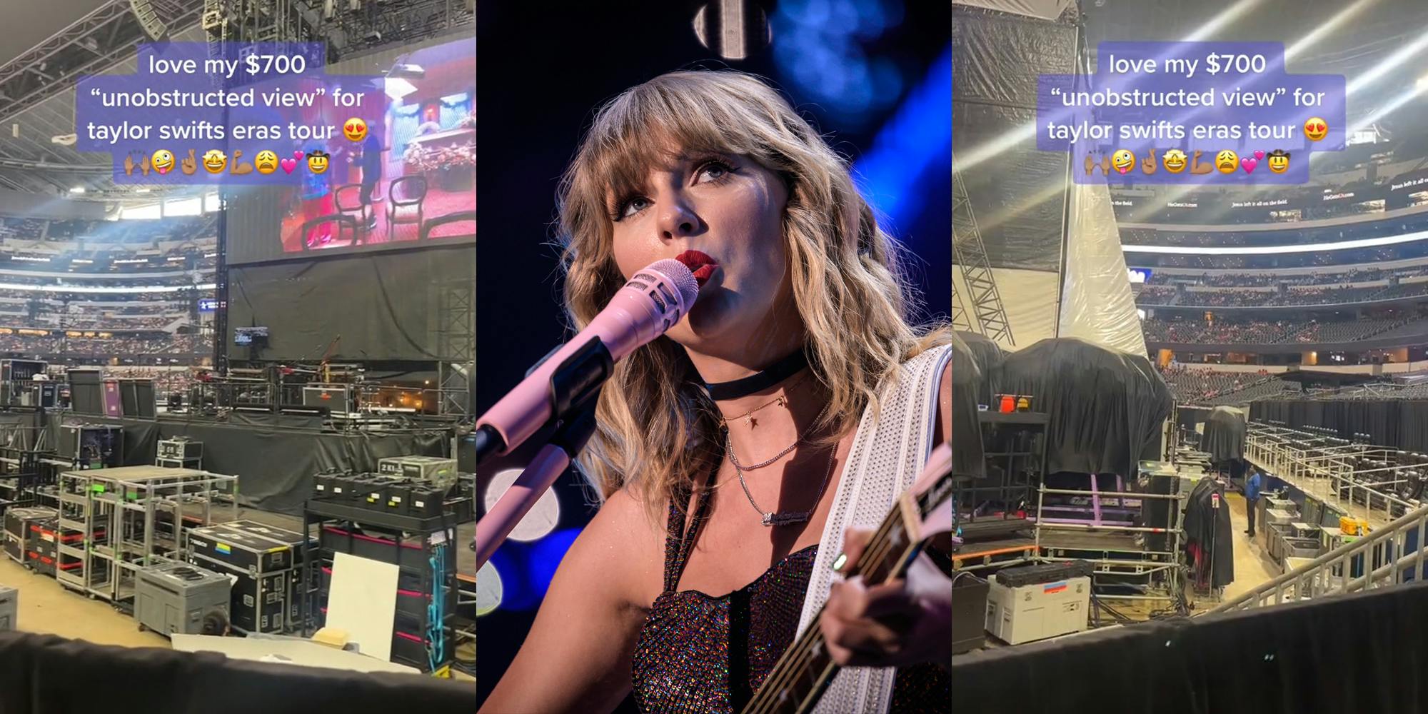 concert setup with caption "love my $700 "unobstructed view" for taylor swifts eras tour" (l) Taylor Swift singing into pink microphone in front of dark background (c) concert setup with caption "love my $700 "unobstructed view" for taylor swifts eras tour" (r)