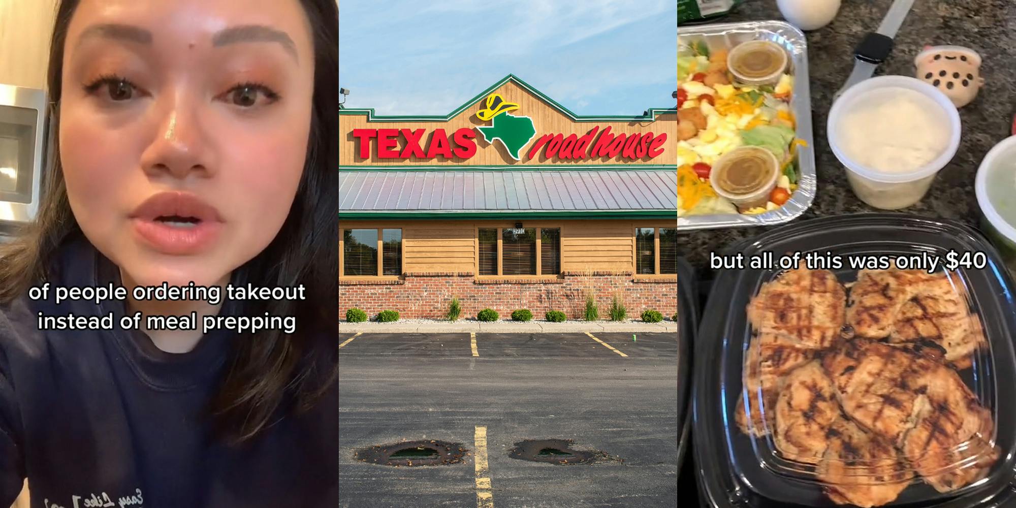 Texas Roadhouse customer speaking with caption "of people ordering takeout instead of meal prepping" (l) Texas Roadhouse building with parking lot sign and blue sky (c) Texas Roadhouse food on counter with caption "but all of this was only $40" (r)
