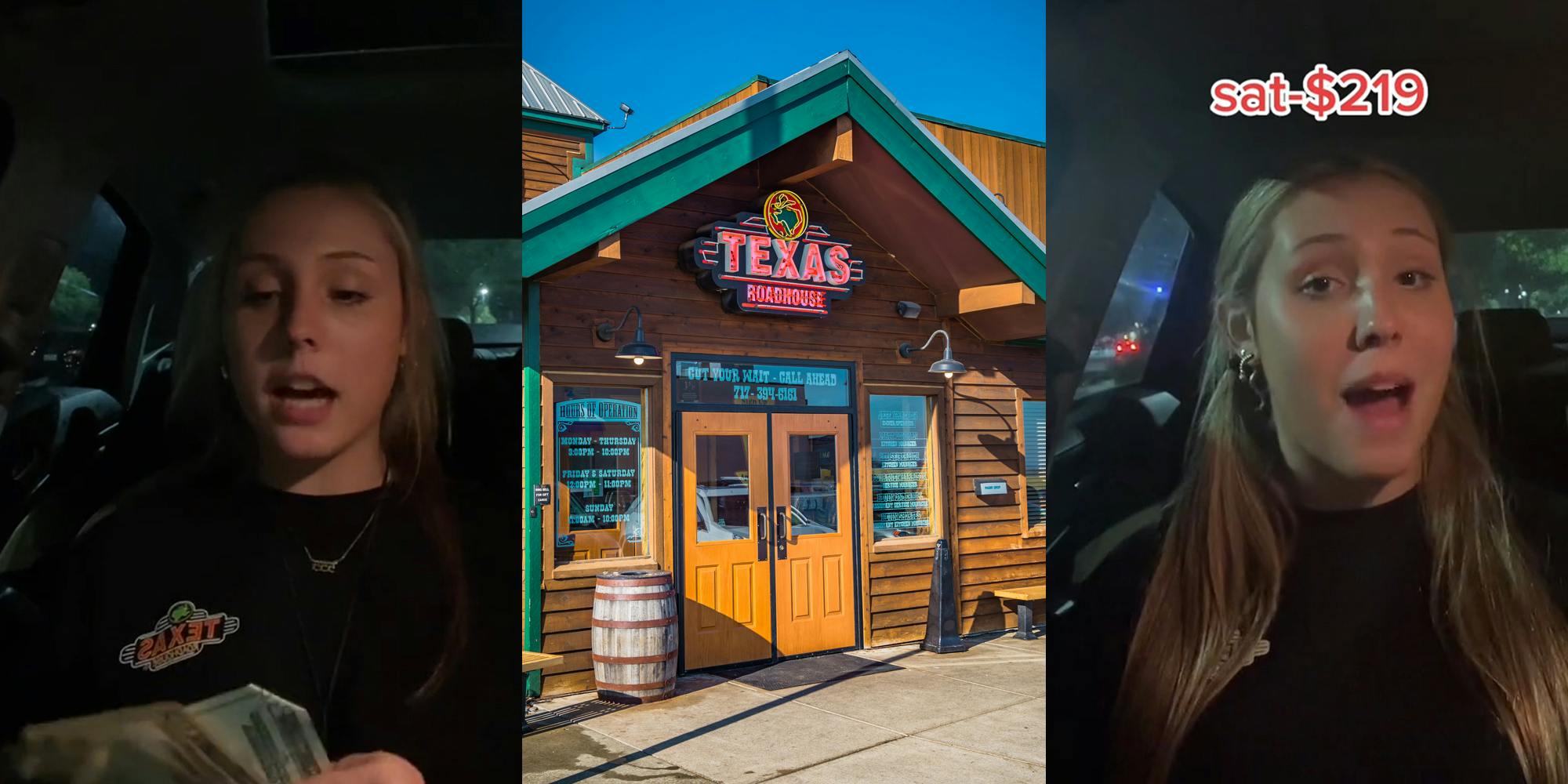Texas Roadhouse employee counting cash in car (l) Texas Roadhouse entrance with sign and blue sky (c) Texas Roadhouse worker speaking in car with caption "sat-$219" (r)
